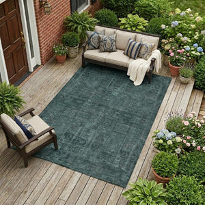 9 X 12 Teal Graphite Oriental Polyester Area Rug Stain Resistant Indoor Outdoor