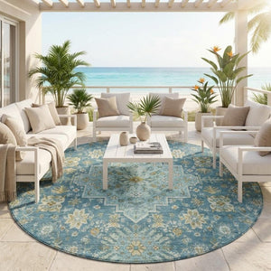 8 Ft Round Oriental Polyester Area Rug Aqua Teal Washable for Patio or Family Room