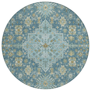 HomeRoots 8 Ft Round Oriental Polyester Area Rug Aqua Teal Washable for Patio or Family Room 742189
