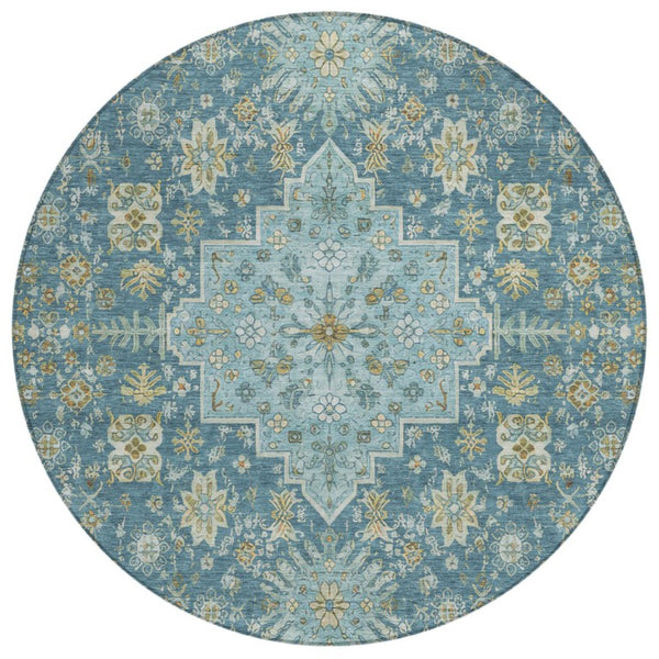 HomeRoots 8 Ft Round Oriental Polyester Area Rug Aqua Teal Washable for Patio or Family Room 742189