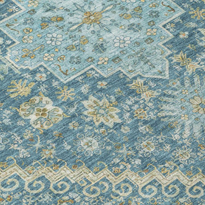 8 Ft Round Oriental Polyester Area Rug Aqua Teal Washable for Patio or Family Room