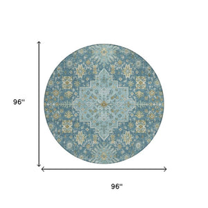 8 Ft Round Oriental Polyester Area Rug Aqua Teal Washable for Patio or Family Room