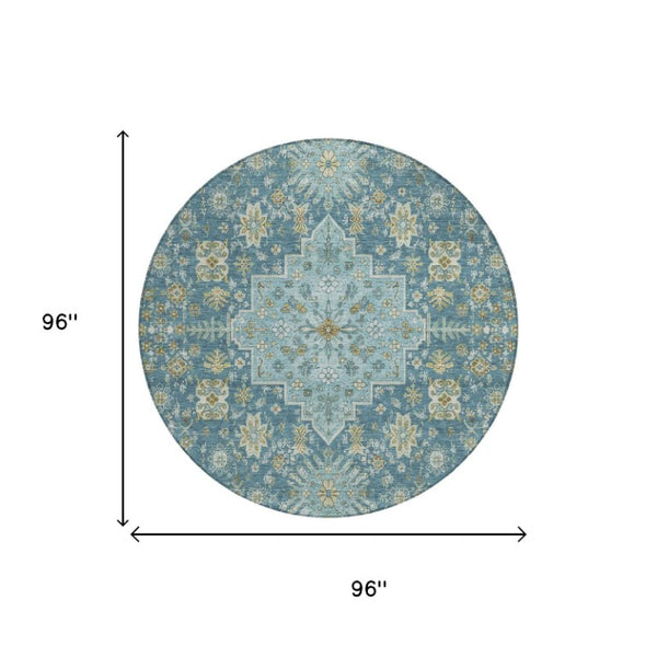 8 Ft Round Oriental Polyester Area Rug Aqua Teal Washable for Patio or Family Room