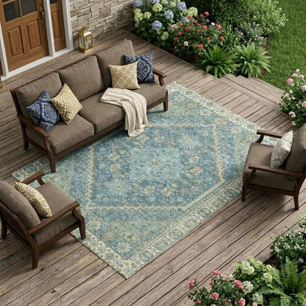 8 X 10 Aqua Teal Polyester Oriental Rug Stain Resistant Indoor Outdoor Living
