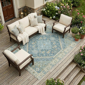 9x12 Aqua Teal Oriental Polyester Area Rug Washable Stain Resistant Indoor Outdoor