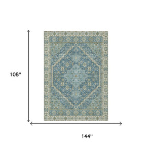 9x12 Aqua Teal Oriental Polyester Area Rug Washable Stain Resistant Indoor Outdoor