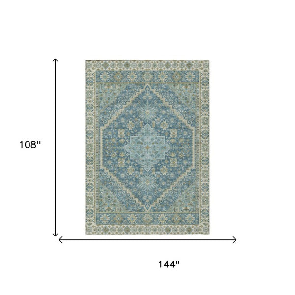 9x12 Aqua Teal Oriental Polyester Area Rug Washable Stain Resistant Indoor Outdoor