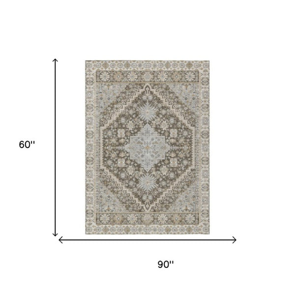 5x8 Oriental Polyester Area Rug Stain Resistant Indoor Outdoor Brown Silver