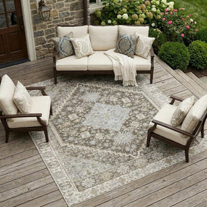 9x12 Oriental Polyester Area Rug Washable Stain Resistant Indoor Outdoor Brown