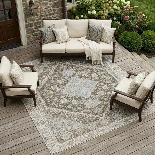 9x12 Oriental Polyester Area Rug Washable Stain Resistant Indoor Outdoor Brown