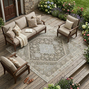 10 X 14 Oriental Polyester Area Rug Washable Indoor Outdoor Brown Silver Pattern