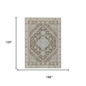 10 X 14 Oriental Polyester Area Rug Washable Indoor Outdoor Brown Silver Pattern