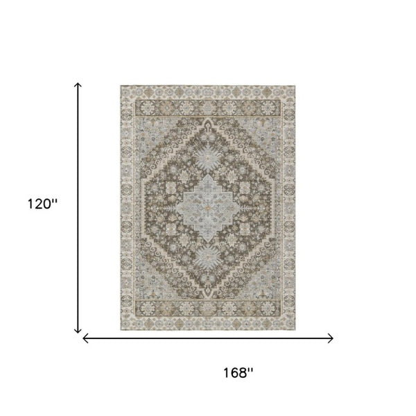 10 X 14 Oriental Polyester Area Rug Washable Indoor Outdoor Brown Silver Pattern