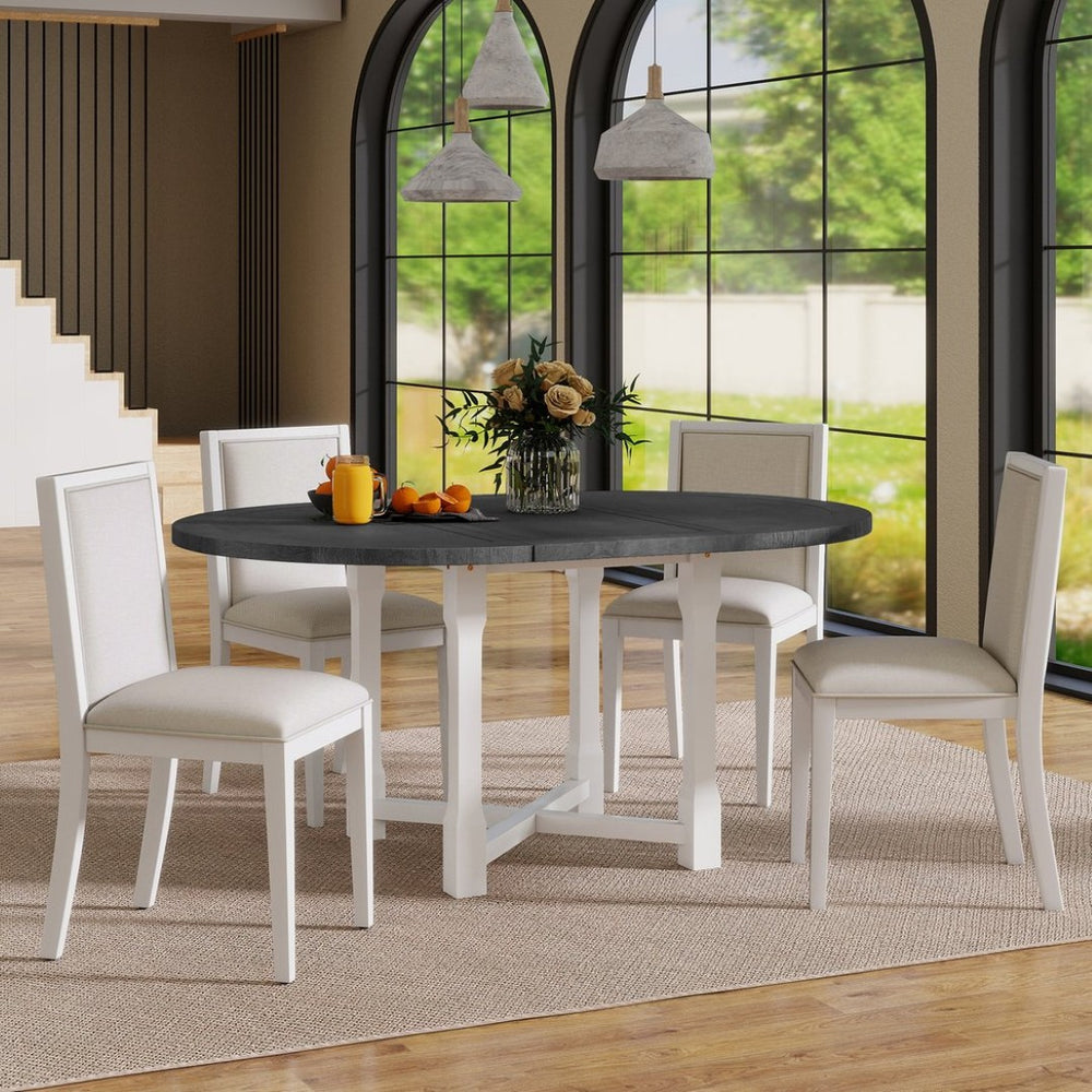 English Elm Trexm Farmhouse Round Extendable Dining Set Birch Veneer Table Upholstered Chairs ST000139AAE