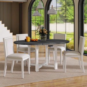 English Elm Trexm Farmhouse Round Extendable Dining Set Birch Veneer Table Upholstered Chairs ST000139AAE