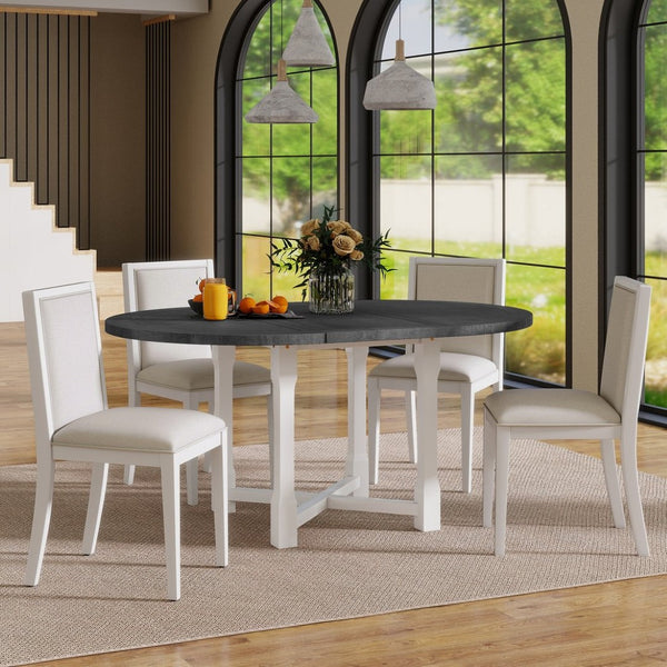 English Elm Trexm Farmhouse Round Extendable Dining Set Birch Veneer Table Upholstered Chairs ST000139AAE