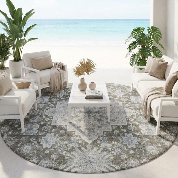 8 Ft Round Oriental Polyester Area Rug Stain Resistant for Indoor Outdoor Spaces