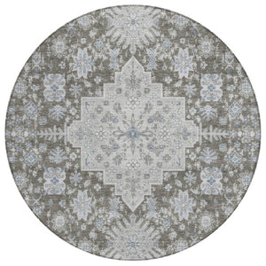HomeRoots 8 Ft Round Oriental Polyester Area Rug Stain Resistant for Indoor Outdoor Spaces 742201