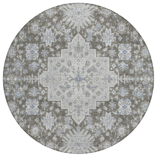HomeRoots 8 Ft Round Oriental Polyester Area Rug Stain Resistant for Indoor Outdoor Spaces 742201