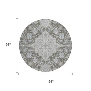 8 Ft Round Oriental Polyester Area Rug Stain Resistant for Indoor Outdoor Spaces