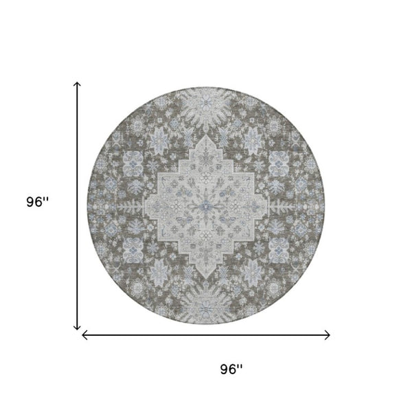 8 Ft Round Oriental Polyester Area Rug Stain Resistant for Indoor Outdoor Spaces