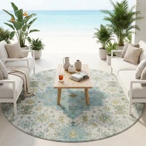 8 Ft Round Oriental Polyester Rug Stain Resistant for Indoor Outdoor Use