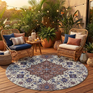 8 Foot Round Oriental Polyester Area Rug Washable Stain Resistant Indoor Outdoor Ivory