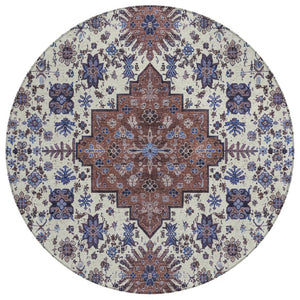 HomeRoots 8 Foot Round Oriental Polyester Area Rug Washable Stain Resistant Indoor Outdoor Ivory 742225
