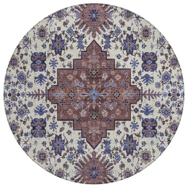 HomeRoots 8 Foot Round Oriental Polyester Area Rug Washable Stain Resistant Indoor Outdoor Ivory 742225