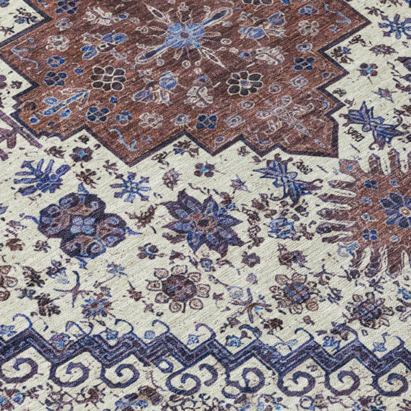 8 Foot Round Oriental Polyester Area Rug Washable Stain Resistant Indoor Outdoor Ivory