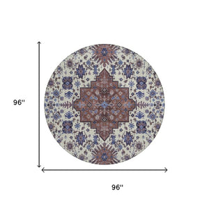 8 Foot Round Oriental Polyester Area Rug Washable Stain Resistant Indoor Outdoor Ivory