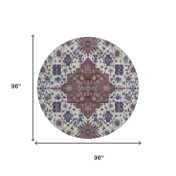 8 Foot Round Oriental Polyester Area Rug Washable Stain Resistant Indoor Outdoor Ivory