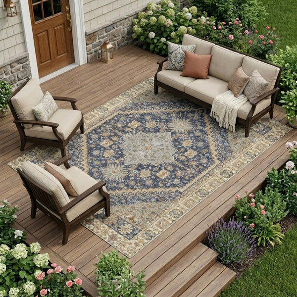 8x10 Navy Oriental Polyester Area Rug Stain Resistant Indoor Outdoor Living Room