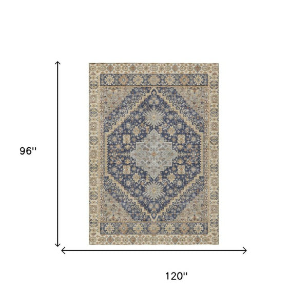 8x10 Navy Oriental Polyester Area Rug Stain Resistant Indoor Outdoor Living Room