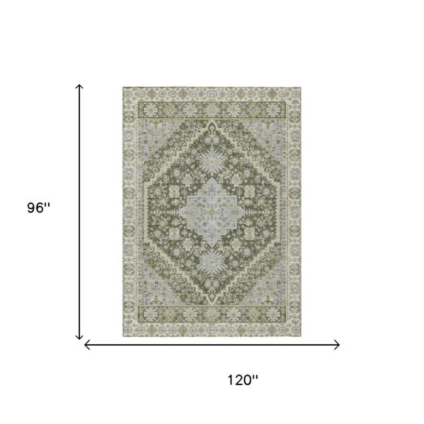 8 X 10 Olive Oriental Polyester Area Rug Stain Resistant for Indoor Outdoor Use