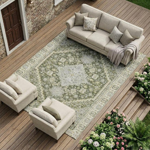 9x12 Olive Green Oriental Polyester Area Rug Washable Indoor Outdoor Patio Use