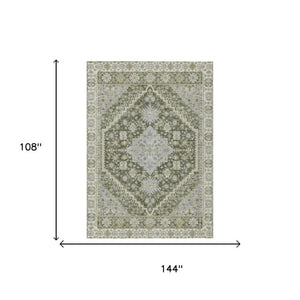 9x12 Olive Green Oriental Polyester Area Rug Washable Indoor Outdoor Patio Use