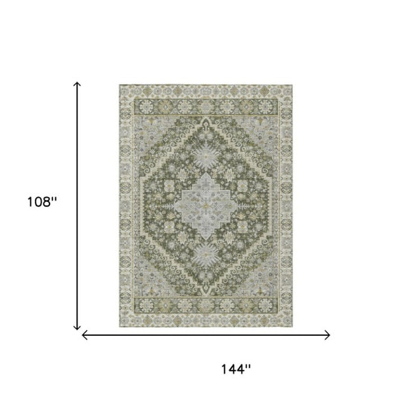 9x12 Olive Green Oriental Polyester Area Rug Washable Indoor Outdoor Patio Use