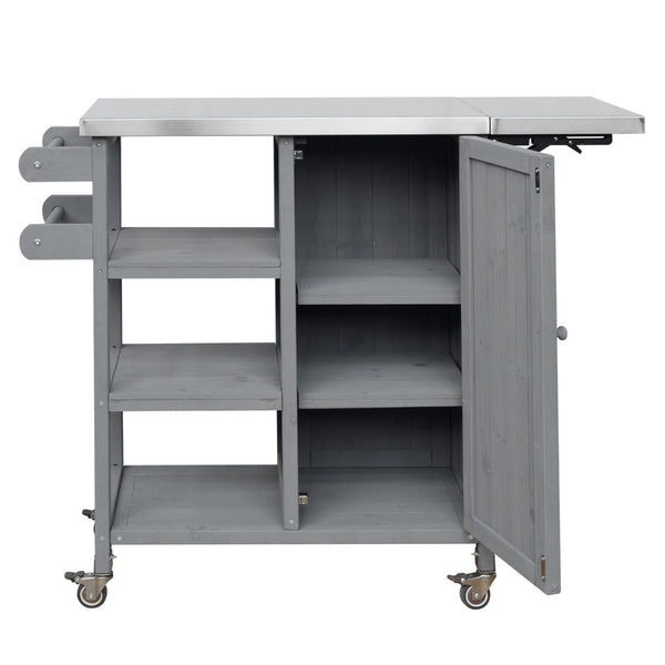 English Elm Foldable Outdoor Kitchen Cart with Stainless Worktop Fir Wood Frame and Lockable Wheels Grey N719P380281K