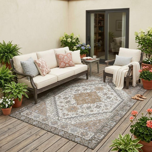 5x8 Pearl Ivory Oriental Polyester Area Rug Stain Resistant Indoor Outdoor Use