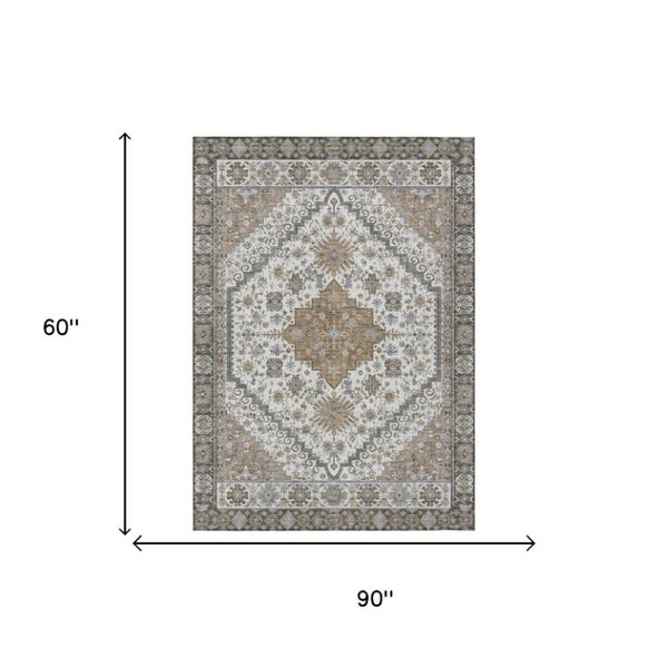5x8 Pearl Ivory Oriental Polyester Area Rug Stain Resistant Indoor Outdoor Use
