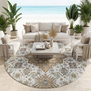 8 Foot Round Oriental Geometric Polyester Area Rug for Patio Porch or Family Room