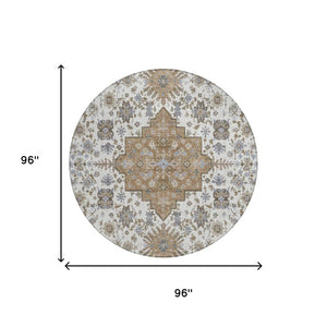 8 Foot Round Oriental Geometric Polyester Area Rug for Patio Porch or Family Room