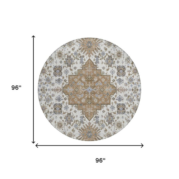 8 Foot Round Oriental Geometric Polyester Area Rug for Patio Porch or Family Room
