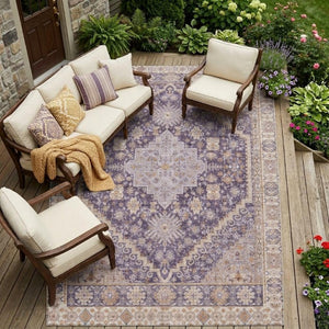 10 X 14 Oriental Polyester Area Rug Washable Indoor Outdoor Purple Blush
