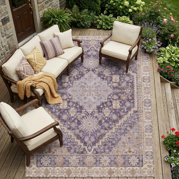 10 X 14 Oriental Polyester Area Rug Washable Indoor Outdoor Purple Blush