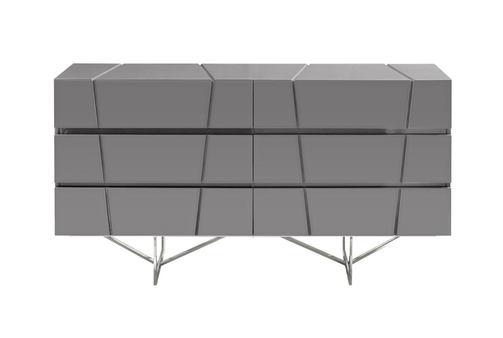 VIG Furniture Chrysler Modern Grey Dresser With 6 Smooth-Glide Drawers, High-Gloss Finish & Polished Steel Legs VGVCJ8978-D-GRY