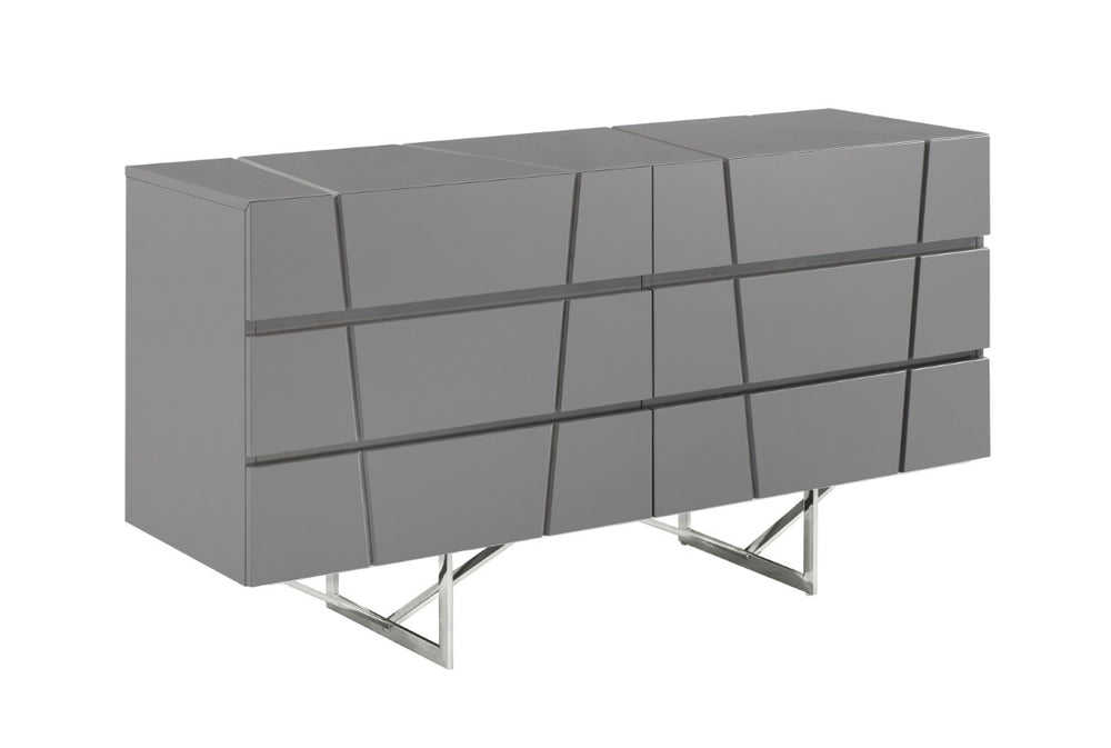 VIG Furniture Chrysler Modern Grey Dresser With 6 Smooth-Glide Drawers, High-Gloss Finish & Polished Steel Legs VGVCJ8978-D-GRY