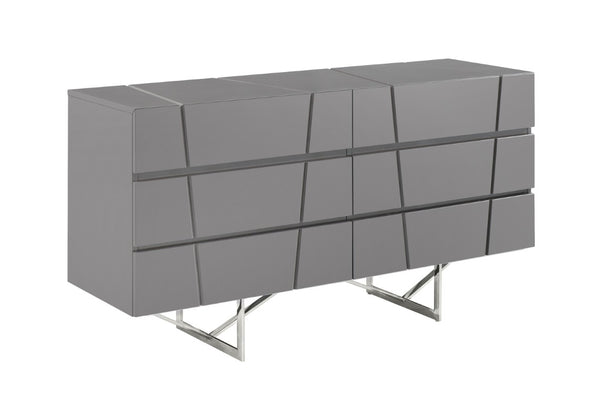 VIG Furniture Chrysler Modern Grey Dresser With 6 Smooth-Glide Drawers, High-Gloss Finish & Polished Steel Legs VGVCJ8978-D-GRY