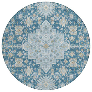 HomeRoots 8 Ft Round Oriental Polyester Area Rug Teal Silver Washable for Patio or Family Room 742261